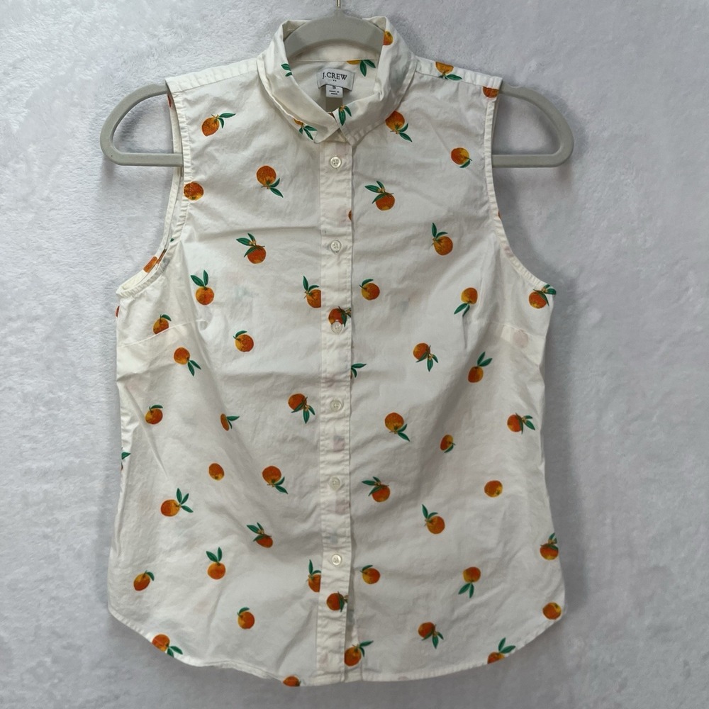 J. Crew Sleeveless Button Front Shirt Womens Small Orange Novelty All Over Print